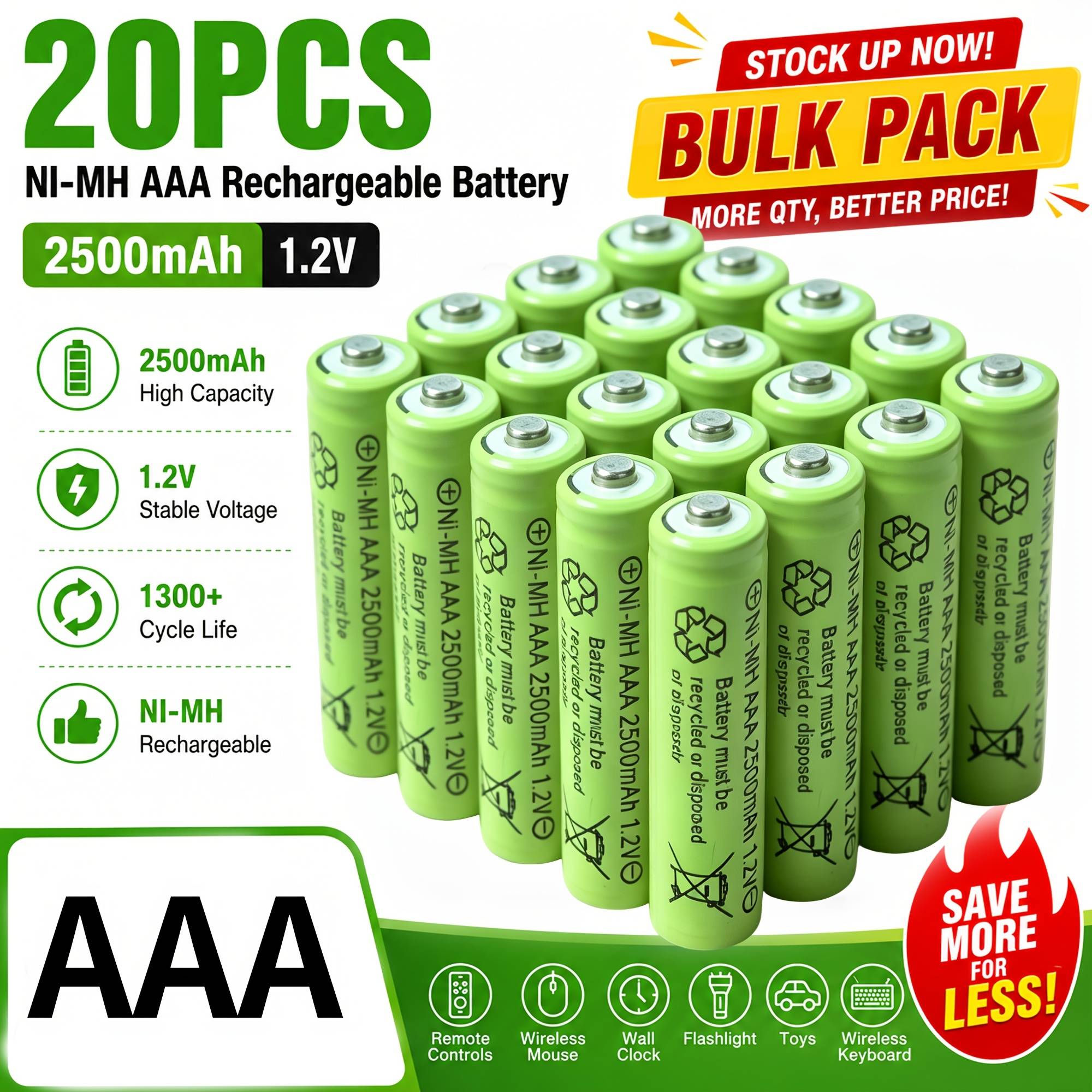 20/10pcs Aaa 2500mah Ni-mh Rechargeable Batteries 1.2v Large Capacity Batteries, Wide Compatibility For Remote, Flashlight, Toy, Camera, Wireless Keyboard, Bulk