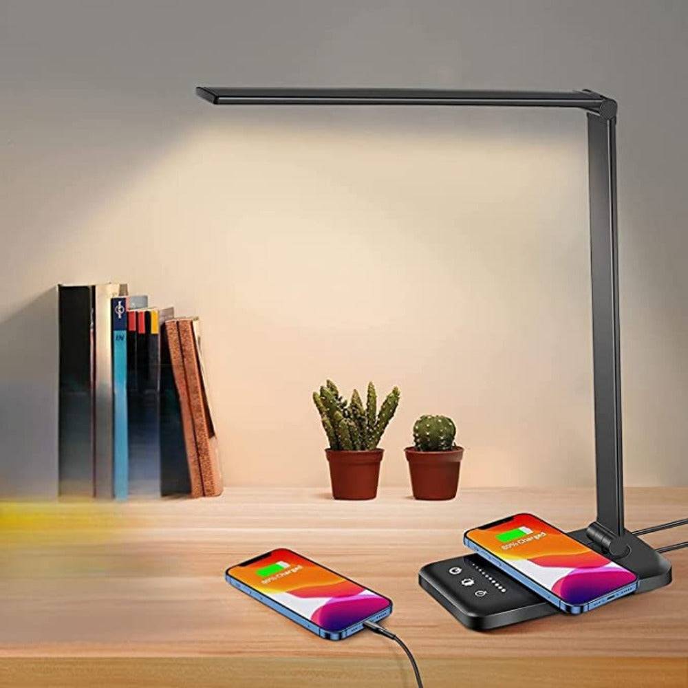 LED Skrivbordslampa - Bordslampa med USB Laddport, 5 Ljusställningar och Ljusstyrkenivåer - Mörk svart