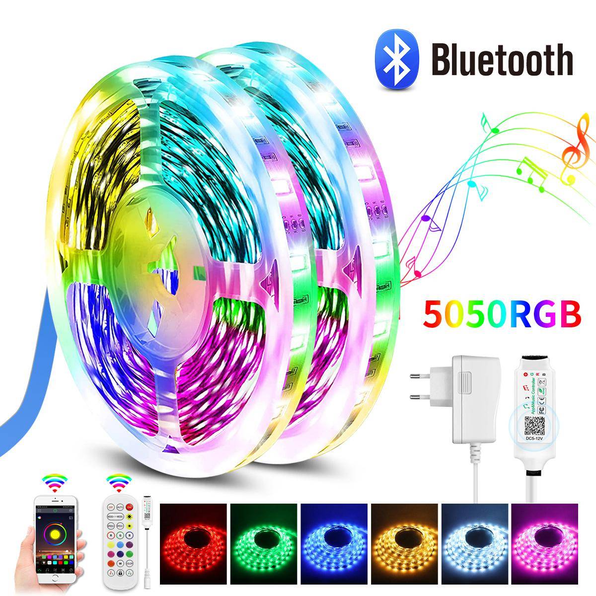 MALITAI 50FT Bluetooth LED Strip Lights Music Sync 5050 RGB SMD Färgglada LED Lights Strip med telefonfjärrkontroll DIY LED-lampor För Room Kök TV Par