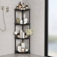 Orimade 4 delar duschhylla stående rostfri, hörn duschhylla fristående, plastmetallanslutningar duschkorgar stativ för badrum, 25 x 20 x 44,6 cm svart