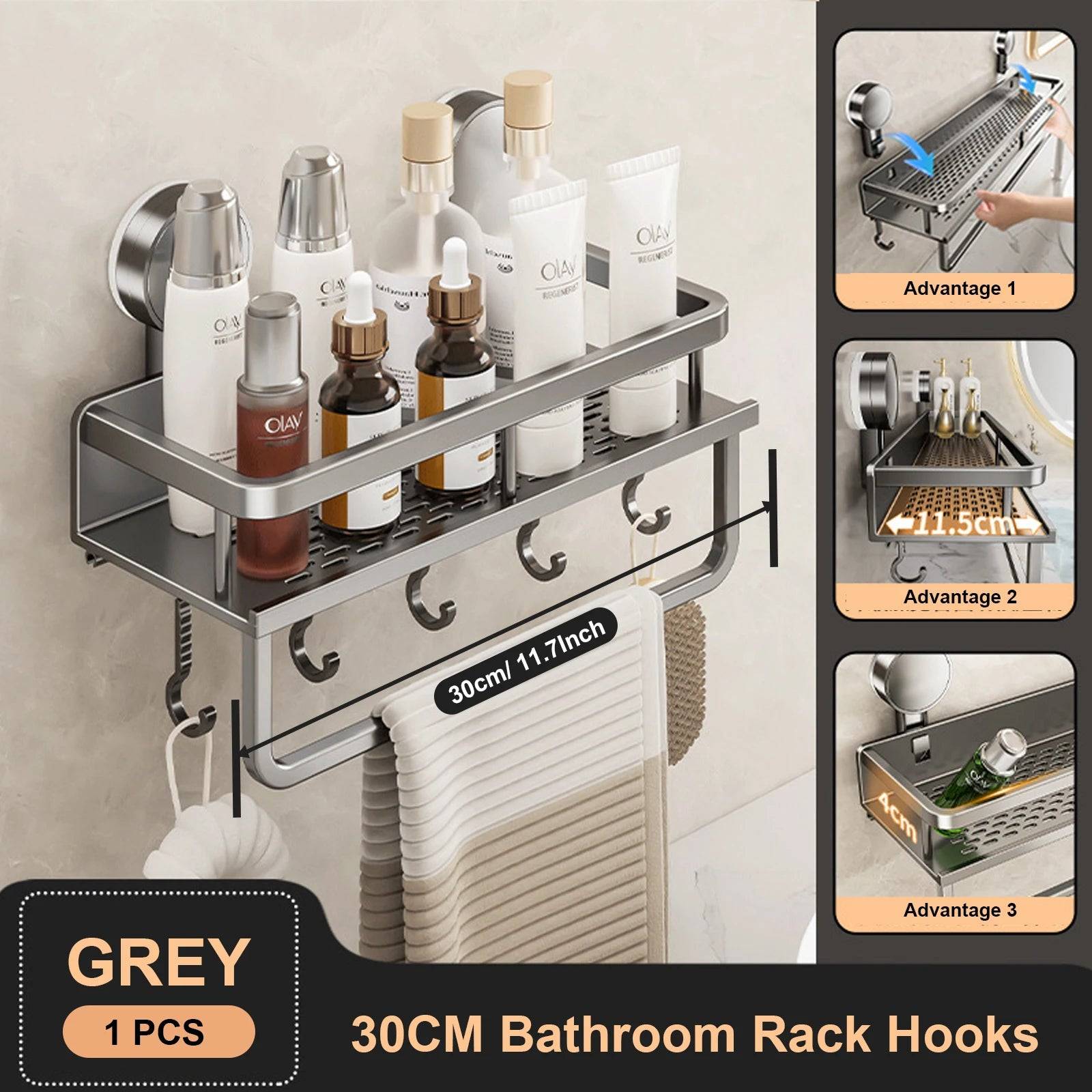 Suction Cup Bathroom Rack Bathroom Shelf Toilet Space Aluminum No Drill Hanging Rack Bathroom - 30cm Grey Rack