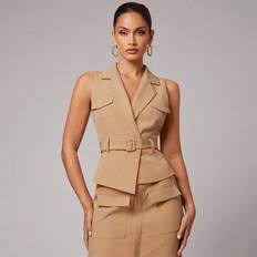 Autumn Solid Khaki Vest With Flip Pocket Design, Openable Front Center With Hidden Buttons, With Fabric Buckle Belt Decoration, Lined, Slim Fit Vest, - Khaki - L,M,S,XS