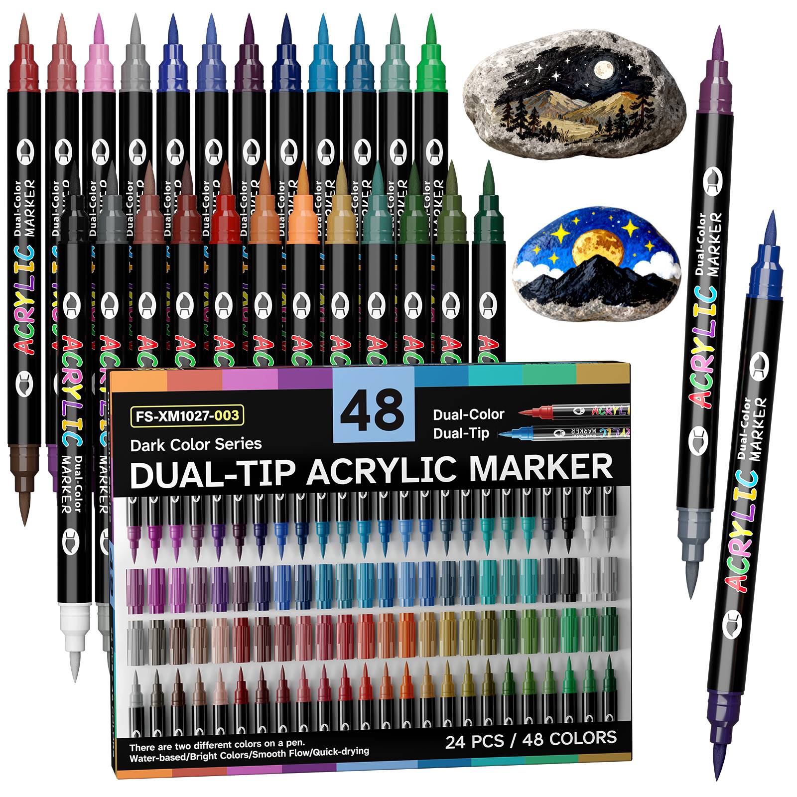 48 Colors - 24pcs Double-headed Dual-color Water-based Marker Pen Set: Acrylic Markers With Soft Brush Tip, Ideal For Rock Painting, Wood, Stone, Glass, Craft Art Supplies, Drawing Art Supplies