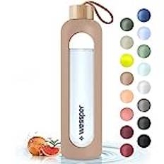 Wessper Vattenflaska Glas med Motiverande Tidsmarkör, med Bambulock, med Silikonfodral, Dryckesflaska, Läckagesäker Sportglas för Cykling,Camping, teranvändbar, för Barn, Vuxna 1 L – Beige