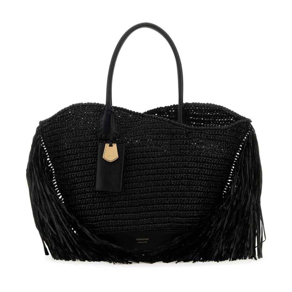 Ferragamo Raffia og Læder Shoppingtaske - Tasker - Dame - Sort - ONE SIZE - Læder