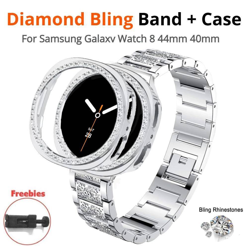 Diamant Metallarmband För Samsung Galaxy Watch 8 40mm 44mm Bling Armband Rem+PC Skyddsfodral För Samsung Galaxy Watch8 Classic 46mm Armband silver