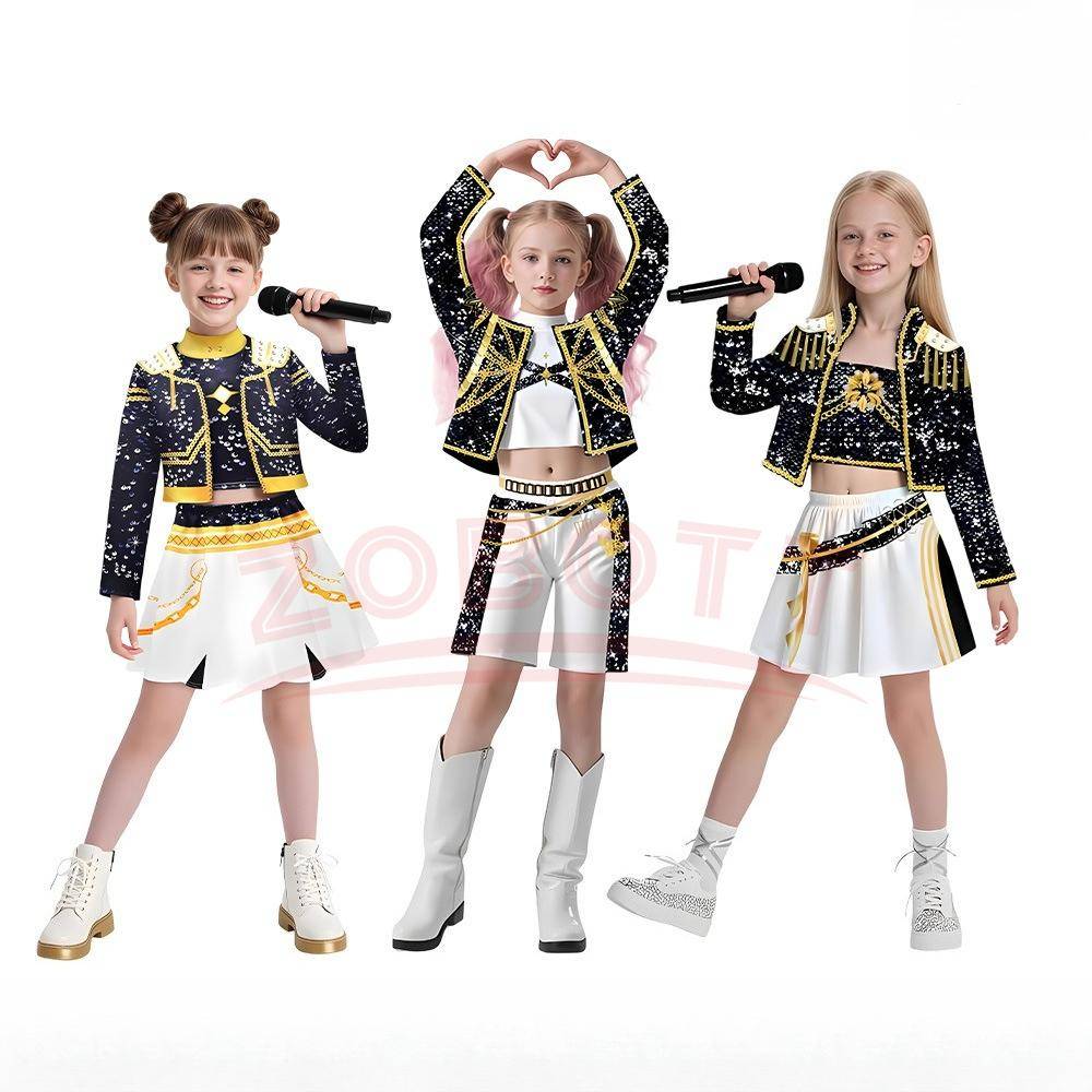 Barn Flickor K-pop Rumi Zoey Cosplay Huntrix Kostym 3D-tryck Demonjägare Mira Scenkostymer Barn Halloweenfest Kläder Set cm