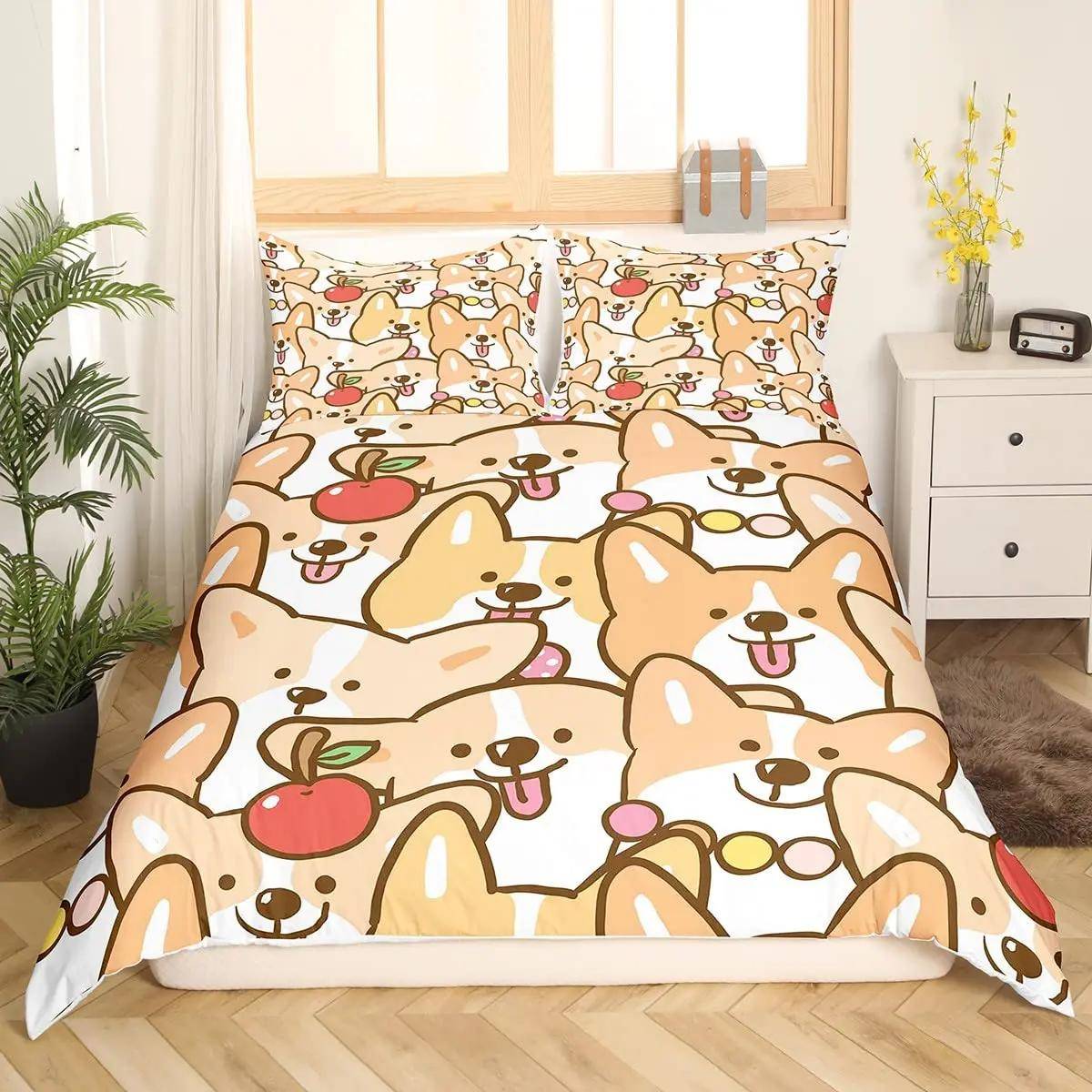 Barn Sött Hund Sängklädesset Sängkläder Tecknade Hundar Täcke Örngott för Pojkar Flickor Barn Husdjur Valp Djur Polyester Påslakan 70x133cm 2pcs
