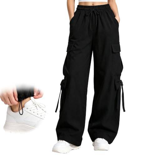 Tokeya Cargobyxor för flickor, säckiga joggingbyxor, justerbart elastiskt midjeband, rosett, cargobyxor med fickor, ventilerande, lätta, fritidsbyxor för barn, streetwear, utomhusbyxor, Svart