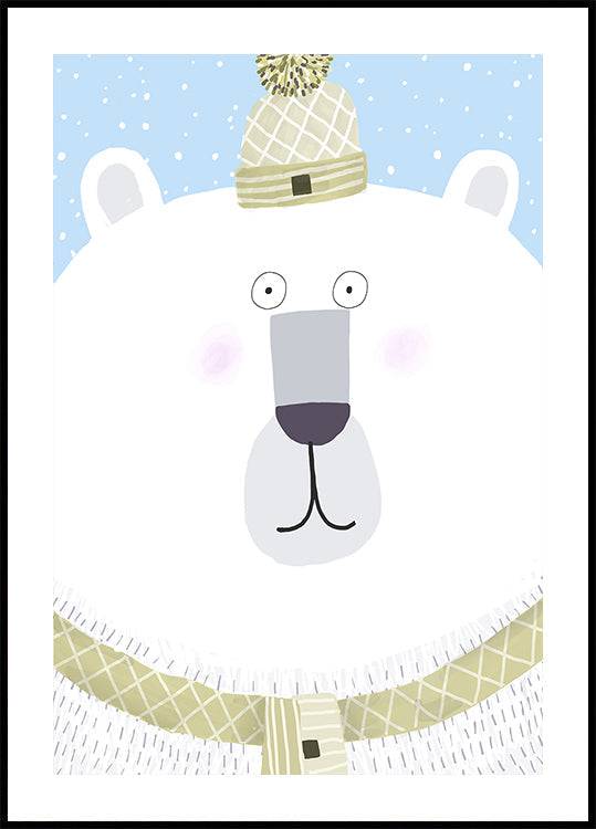 Polar Bear with Winter Hat and Scarf by Carla Daly Poster (21x30cm) - Plakater > Djur Posters, Barnväggskonst, Illustrationsposters, Vinter Posters,