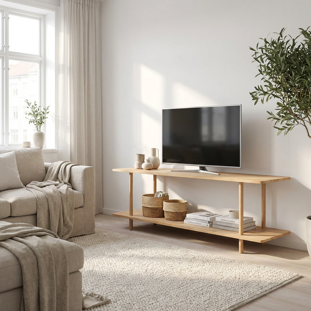 Loop - TV Reol med to hylder i massiv eg og en bredde på 140 cm Ubehandlet