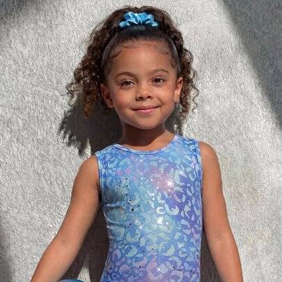 Ung flicka sommar babyblå stickad gymnastikdräkt, blå-lila gradient sportoutfit, 7-årsdag, elastiskt tyg, atletisk höst vinter (6Y,7Y,4Y,5Y)