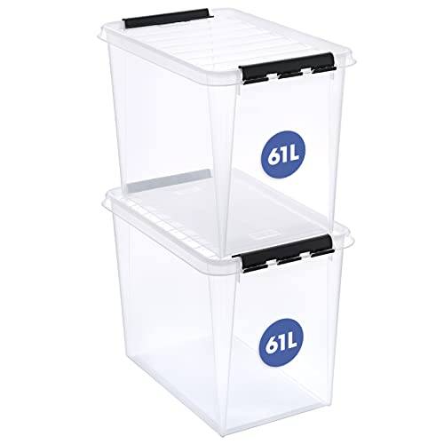 SmartStore 61 L stora plastförvaringslådor med lock, 2-pack, förstärkt, klar, 10 års garanti, livsmedelssäker, klämlåst, stapelbar och stapelbar, BPA-fri, L59 x B 39 x H 43 cm