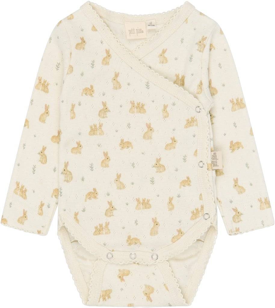 PETIT PIAO Ppdio L_S Body Fold Pointelle NB Stl. 68 unisex - Långärmad Från Magasin - Eggnog Rabbit Aop (68)