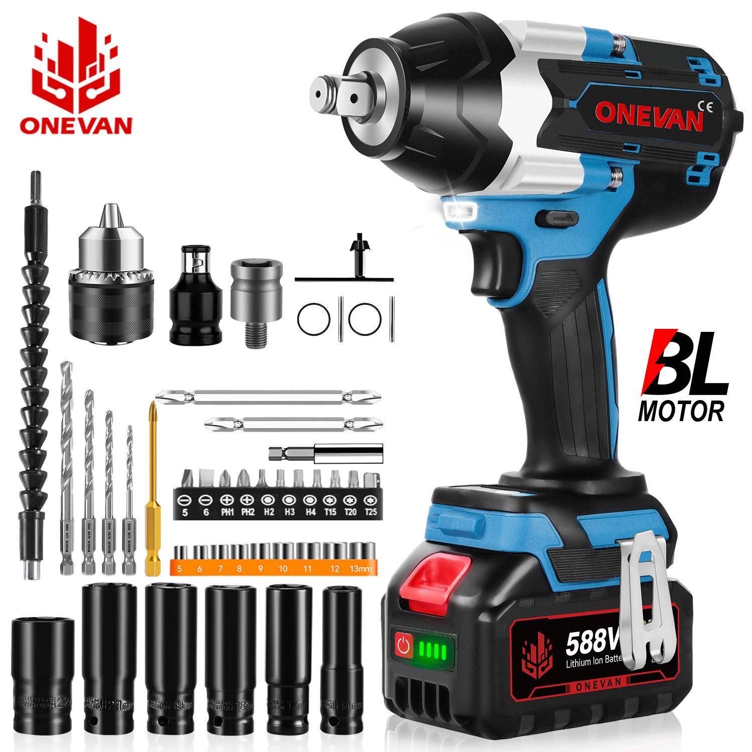 ONEVAN Vridmoment Borstlös Elektrisk Slagskruvdragare 1/2 tum Skruvmejsel Sladdlös Skruvdragare Elverktyg För Makita 18V Batteri 2 Battery Set