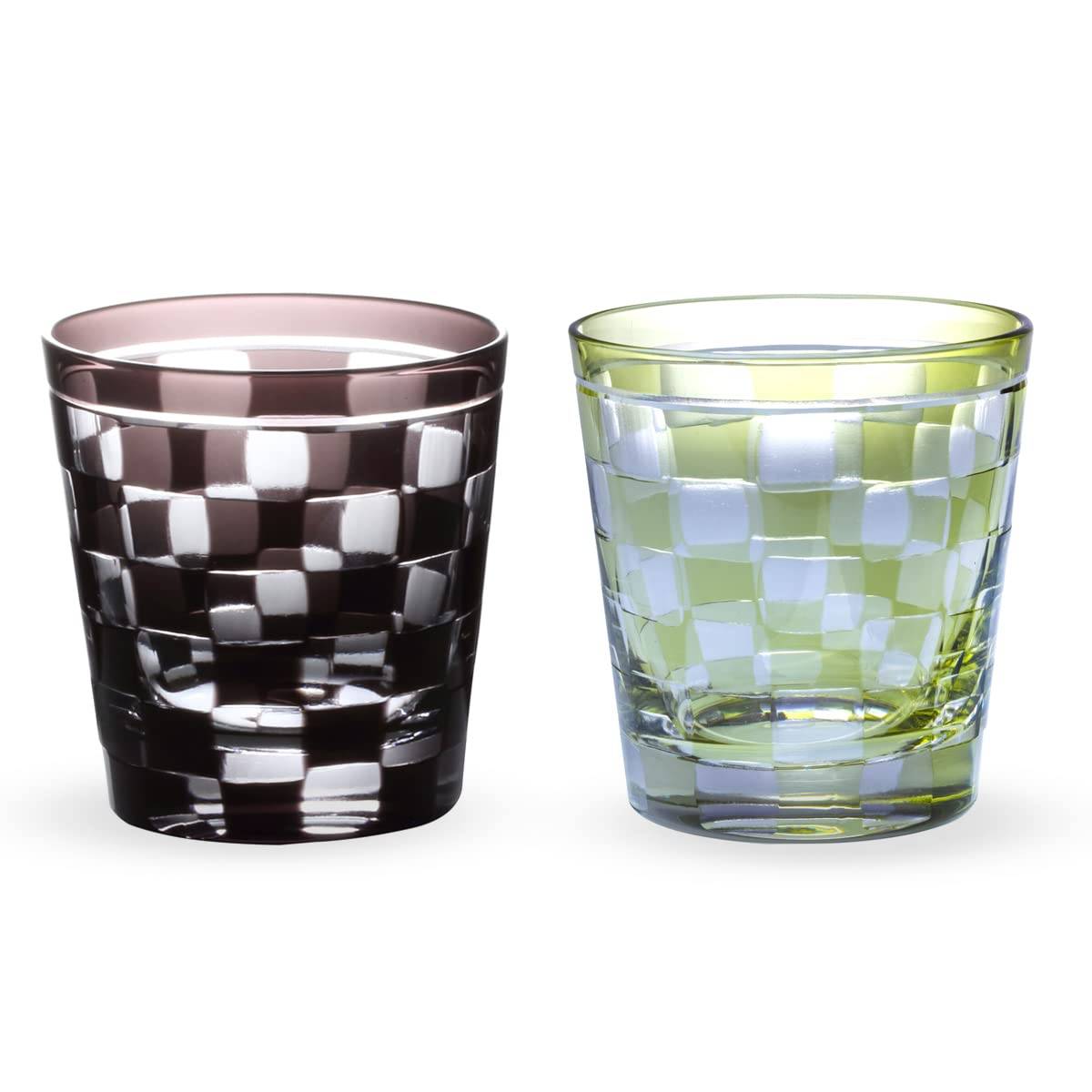 Retro Cut Glass Pair Rock Glasses Cups 260cc Ichimatsu Purple Green Hanasho Current Model J-kitchens 85xH90mm &