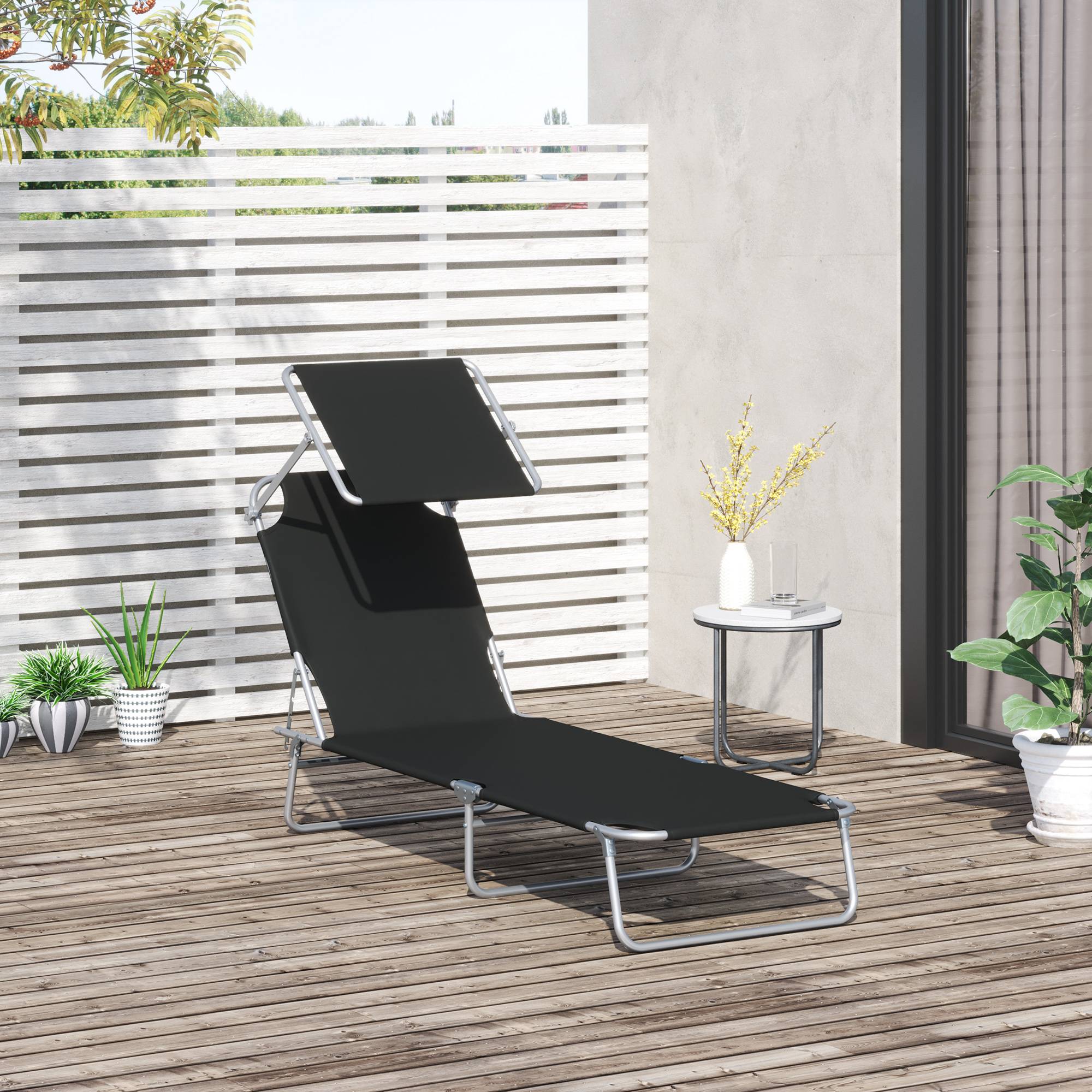 Foldbar solseng med solskærm, 187 x 58 x 36 cm, i sort, ideel til terrasser og altaner