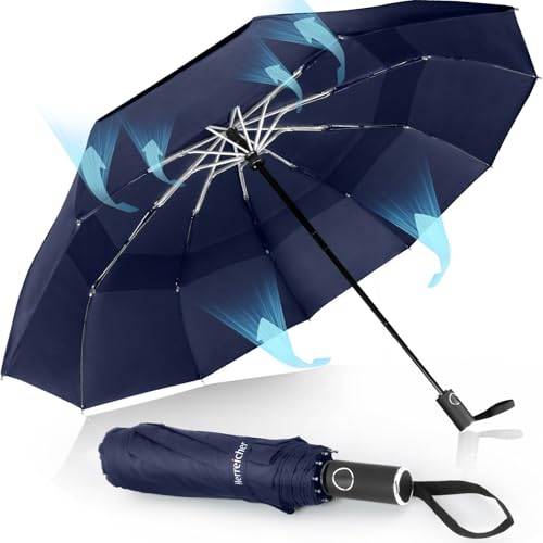 Herreicher Stormsäkert paraply stort fällbart paraply vindtätt stativ lätt paraply automatiskt paraply reseparaply vikbart kompakt golfparaply för män/kvinnor/barn/äldre, svart (blå)