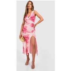 Blommig Midaxikl&#xE4;nning Med Draperad Hals Och Slits, Pink