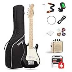 Åska Elgitarr set nybörjare junior kit ST-stil 90 cm minigitarrer premiumpaket med förstärkare, stämapparat, kapodaster, väska, rem, sträng, kabel (DSJ-100, svart)