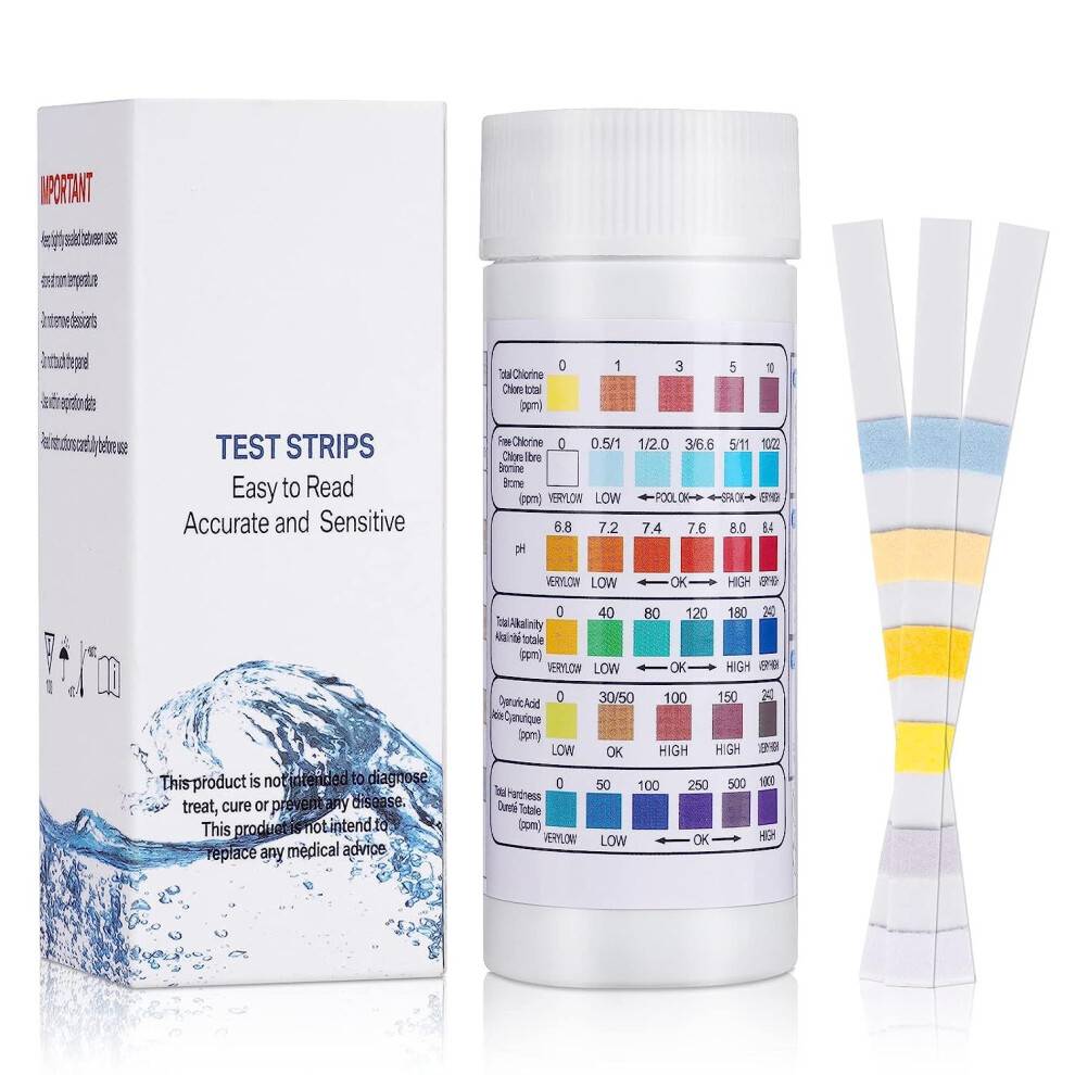 Spa-teststrimler til pool- og spavand, restklortest og måling af total alkalinitet, 6-i-1 hurtig testopløsning til pH, brom,