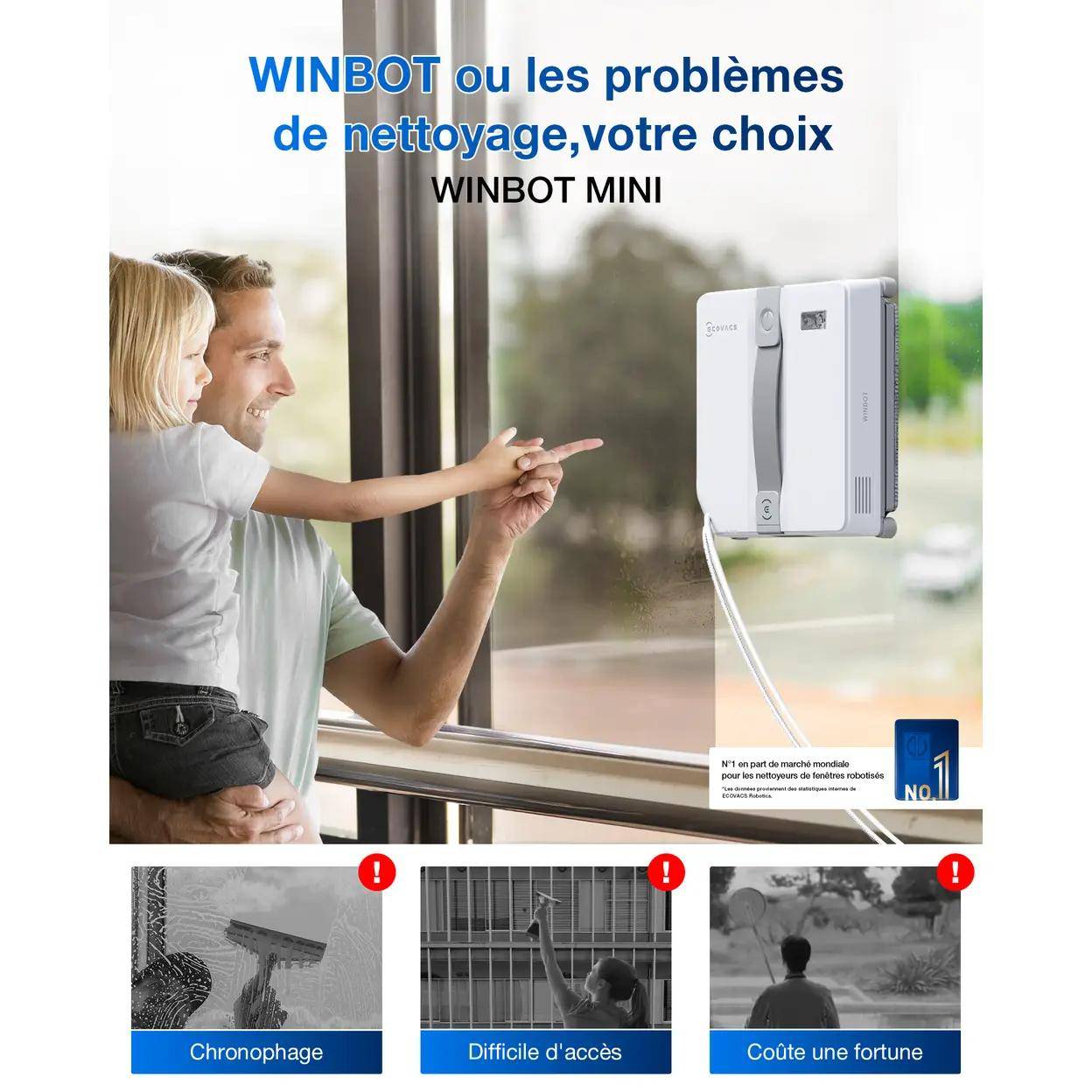 ECOVACS WINBOT MINI Robot Glass Cleaner - Ultra-Compact, Fine and Powerful, for Close Windows - Grey