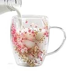 Yonuaret Blommor dubbelväggiga glas 350 ml latte macchiato-glas torkade blommor dubbelglas borosilikatglas kaffeglas teglas för cappuccino, te