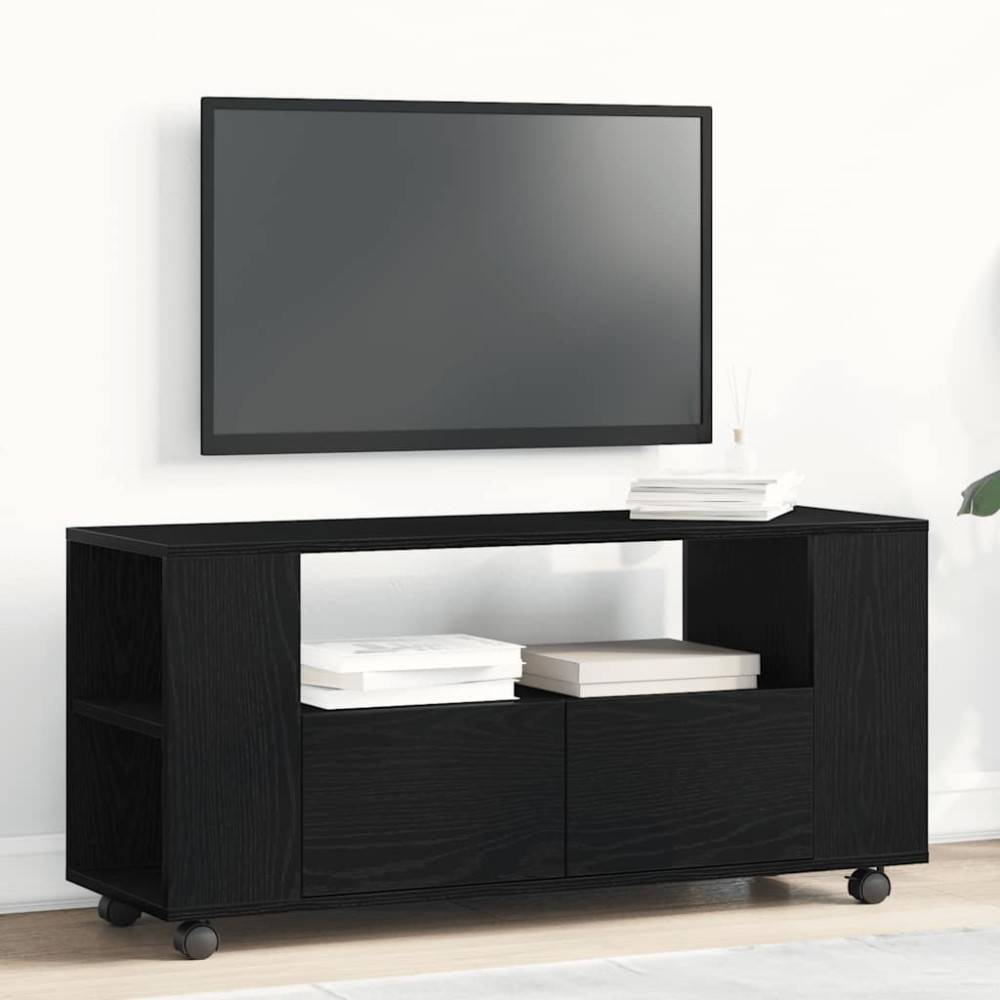 TV-bänk med hjul svart ek 102x34,5x43 cm konstruerat trä