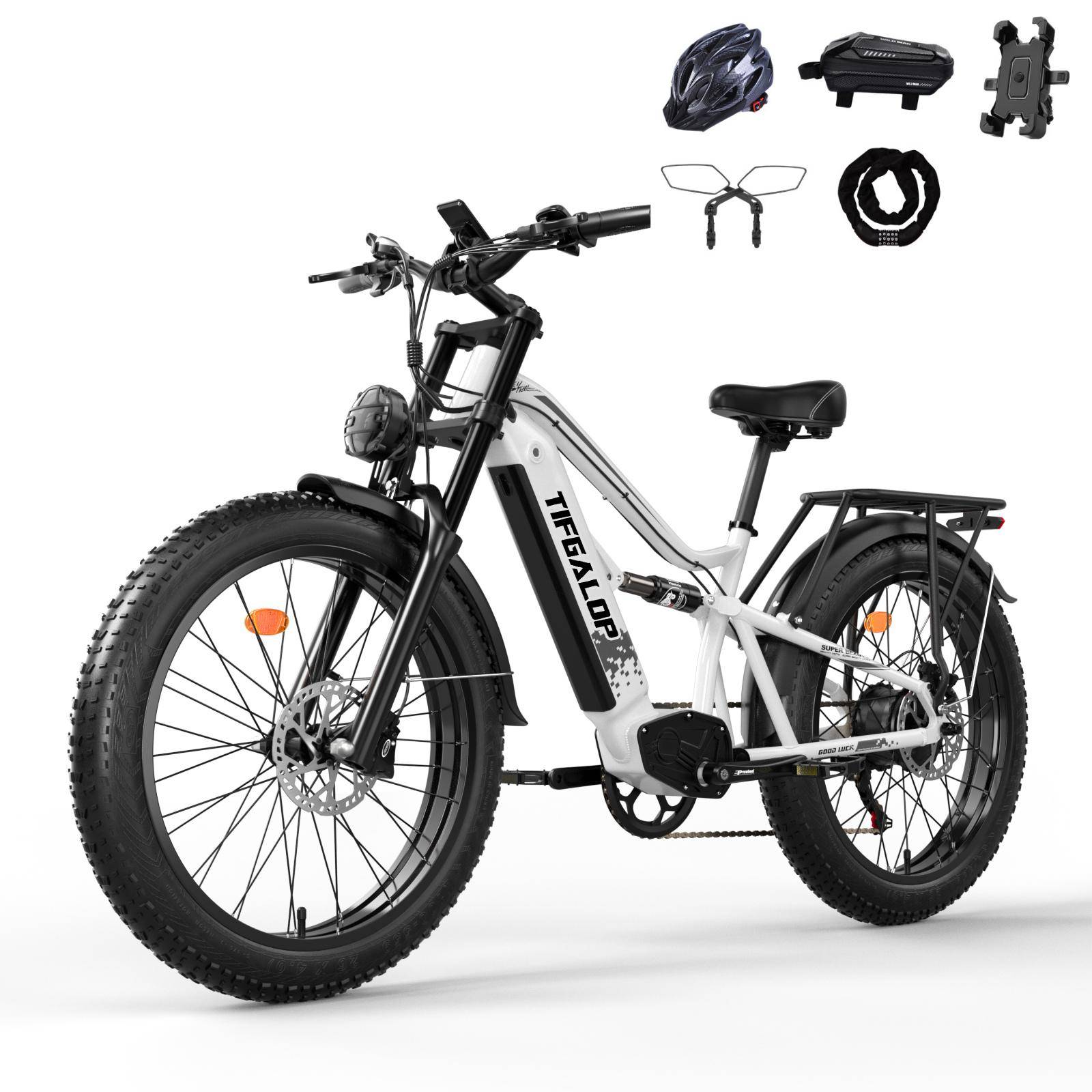 TIFGALOP ES7 Terräng Elcykel för Vuxna 26 tum Feta Däck 750W Motor 45-90KM räckvidd 52V19AH Batteri Utomhuscykling E-Mountainbike Med Dragstol vit