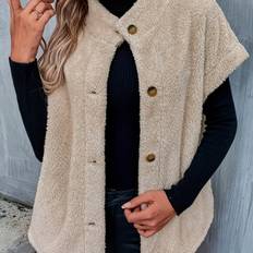 TEMU Elegant Beige Teddy Coat For Women - Casual Short Sleeve Button-up Jacket With Mock Neck, Soft Polyester Blend, Fall/winter, Cute Jacket