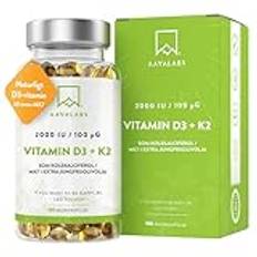 D3 + K2-vitamin komplex (2 000 IE + 100 μg) med jungfruolivolja - D3 och K2-vitaminkapslar med hög styrka - GMO-fria, gluten- och laktosfria - 180 kapslar med K2-vitamin MK-7