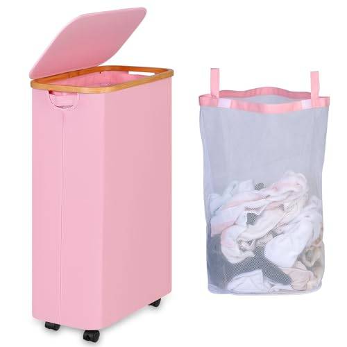iEGrow Tvättkorg med lock, smal tvättkorg med avtagbar och tvättbar innerficka, tvättkorg med hjul, vikbara tvättkorgar för tvättstuga, sovrum, badrum, 75 l, (rosa)