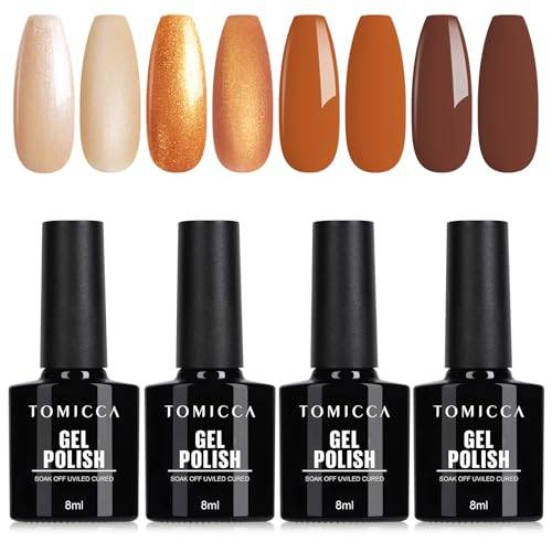 TOMICCA UV Brown Enamel 4 Color Fall Brown Glitter Set Gel Enamel Soak-Off UV/LED Nail Polish Gift for DIY Nail Art Salons, 10ml