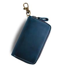 Key Case Smart Key Case Genuine Leather YKK Zipper Carabiner Card Storage Car [foraweek] Men's Women's (Blue) blå