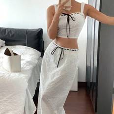 Vit vävd öljett för damer, broderat linne och kjol, elegant set i 2 delar för kvinnor, matchande set för bröllop - Vitt - L,M,S,XS
