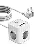 JSVER Power Strip med 3 Stickkontakter, Strömförlängningssladd med 5 m Kabel, 3 USB-Laddare (3680W/16A) med på/av-Knapp för Kontor, Hem Eller Resor-Vit