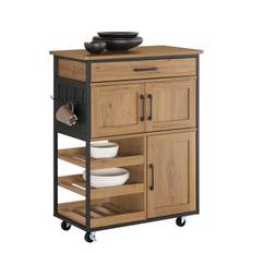 SoBuy FKW134-N Serveringsvagn med hjul – köksvagn med arbetsyta, lådor och vinställ, köksö, fristående hylla för kök, matsal och utomhusbruk, vintagebrun 67x37x88 cm