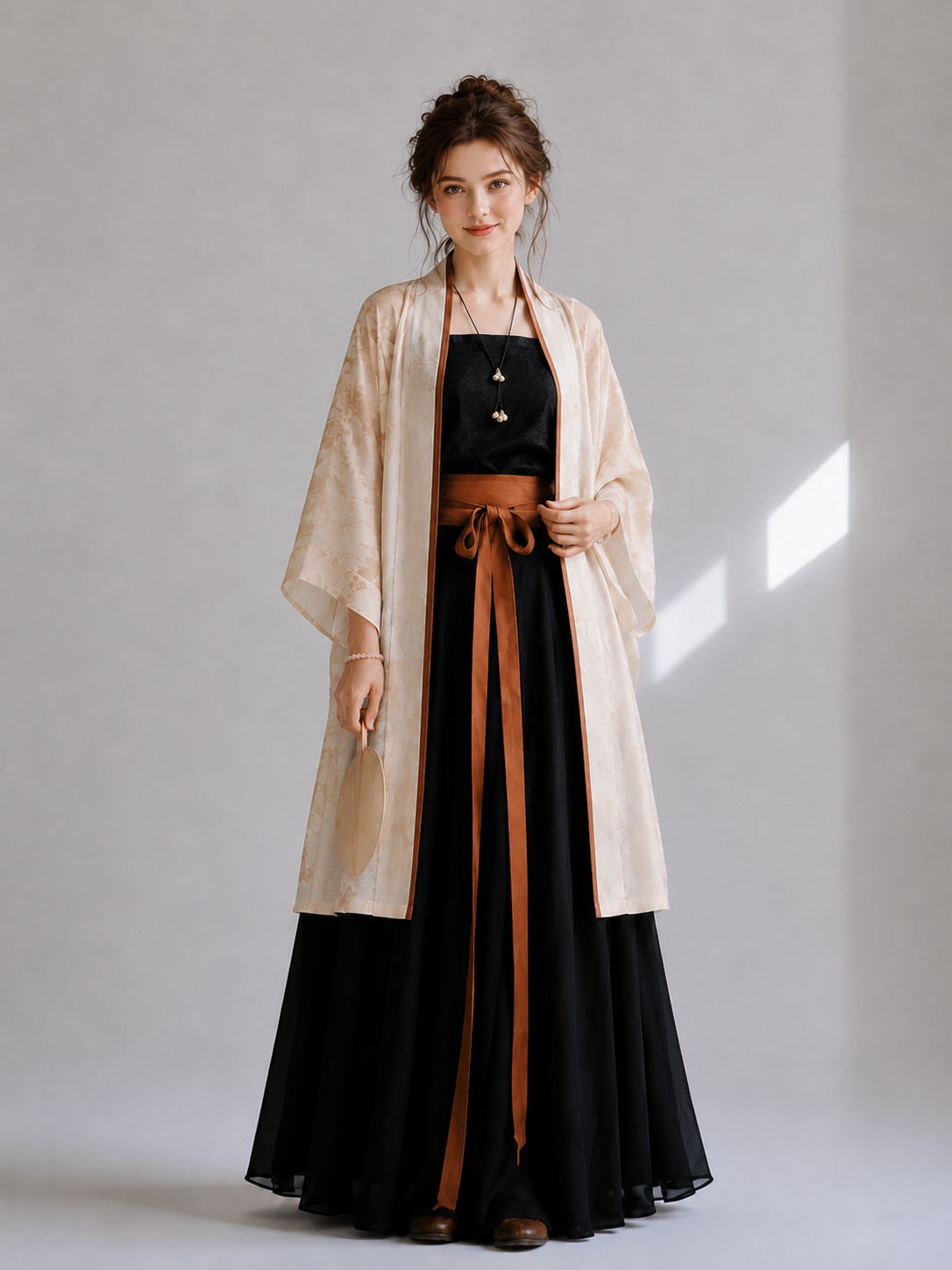 Modern Hanfu | Cream White Song Dynasty Cardigan & Black Top with Song-Style Pants - Spring Water Beige Full Set(Outer Shirt + Camisole + Song Pants) / 4XL (4XL)