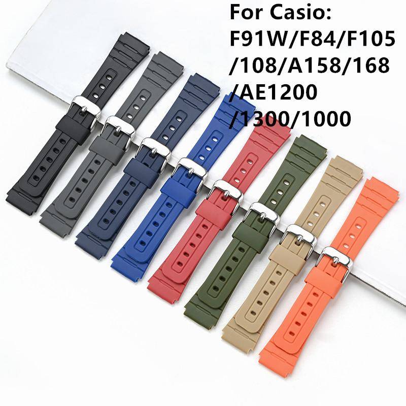 18mm TPU Resinarmband för Casio F-91W F-84 F-105/108 A-158/168 AE-1200/1300 Klockarmband Vattentätt Sportarmband Tillbehör silver/svart