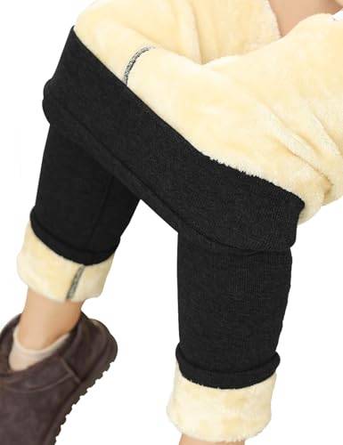 UMIPUBO Fleecefodrade damleggings, termiska tights, vinter, tjocka stretchiga leggings, hög midja, plysch, varma ribbade, slim fit, byxor för damer, Svart, M