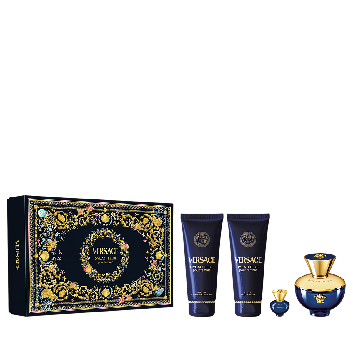 Set Versace: Dylan Blue, Eau De Parfum, da donna, 100 ml + Dylan Blue, lozione corpo idratante, 100 ml + Dylan Blue, gel doccia idratante, 100 ml + Dy