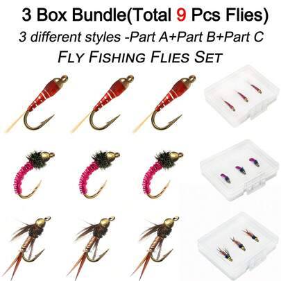 Flugfiskeflugor 9 st – 3-boxarspaket med 3 olika stilar, våtflugor som bete för att fånga fisk som öring/abborre m.m. i sötvatten - Multifärgad (9 delar - 3 lådor i paket)