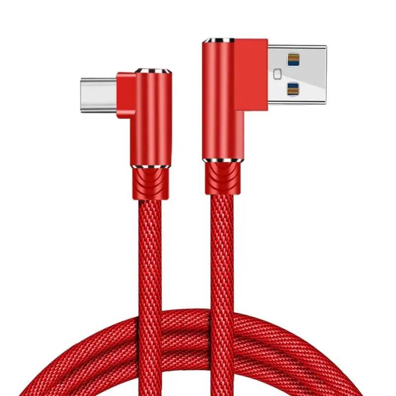 USB-C til USB-A Kabel - Flettet, Begge Stik Vinklet 90°, 3m (Rød).