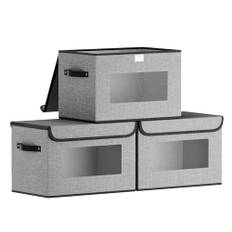 YheenLf Storage Bins with Lids, Shelf Basket with Handles, Cube Organizer Basket with Transparent Window for Organizing, Linens Clothes, Decorative Storage Containers, Gray, 3-Pack, Small