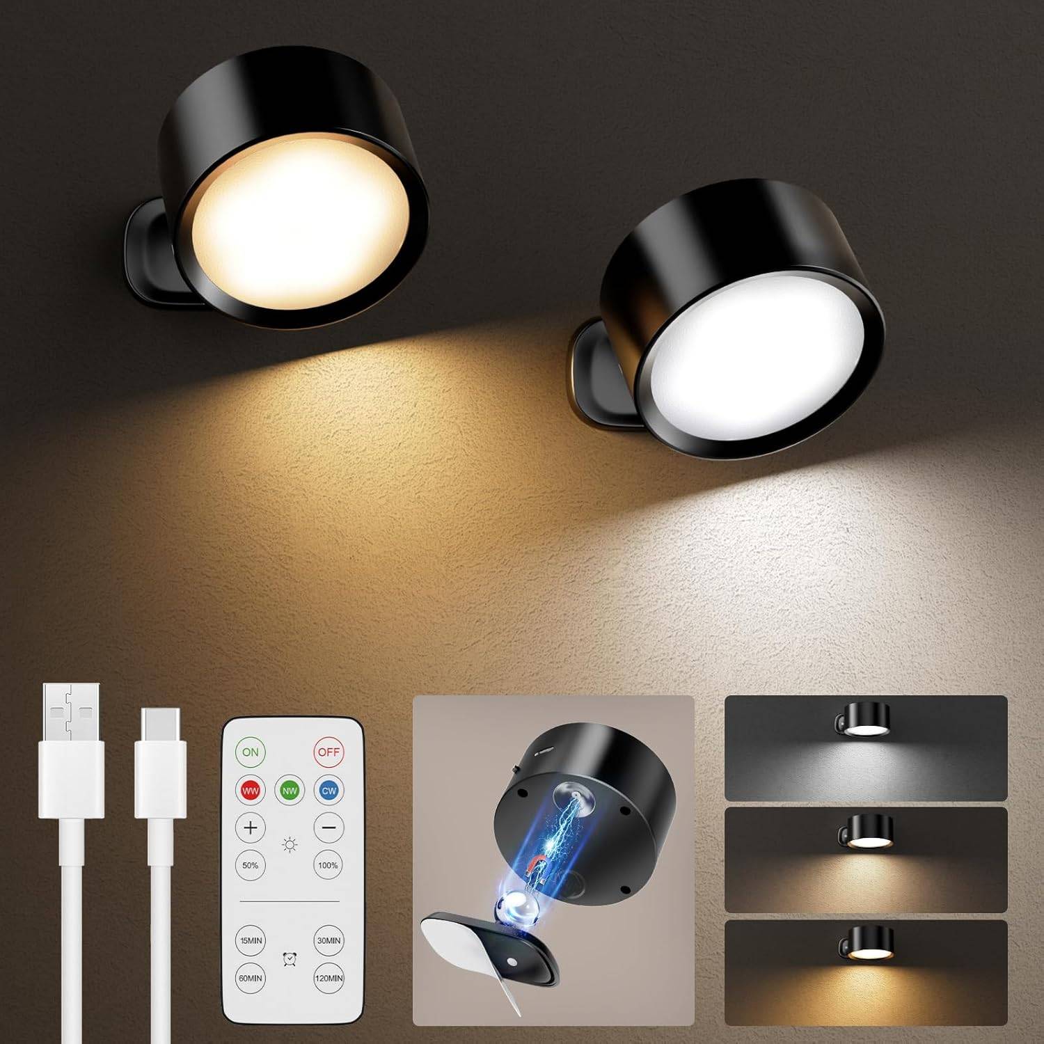 LED Wall Lamp with Remote Control RGB Dimmable Rechargeable Wall Sconces Magnetic 360° Rotation Cordless Wall Lights for Bedroom