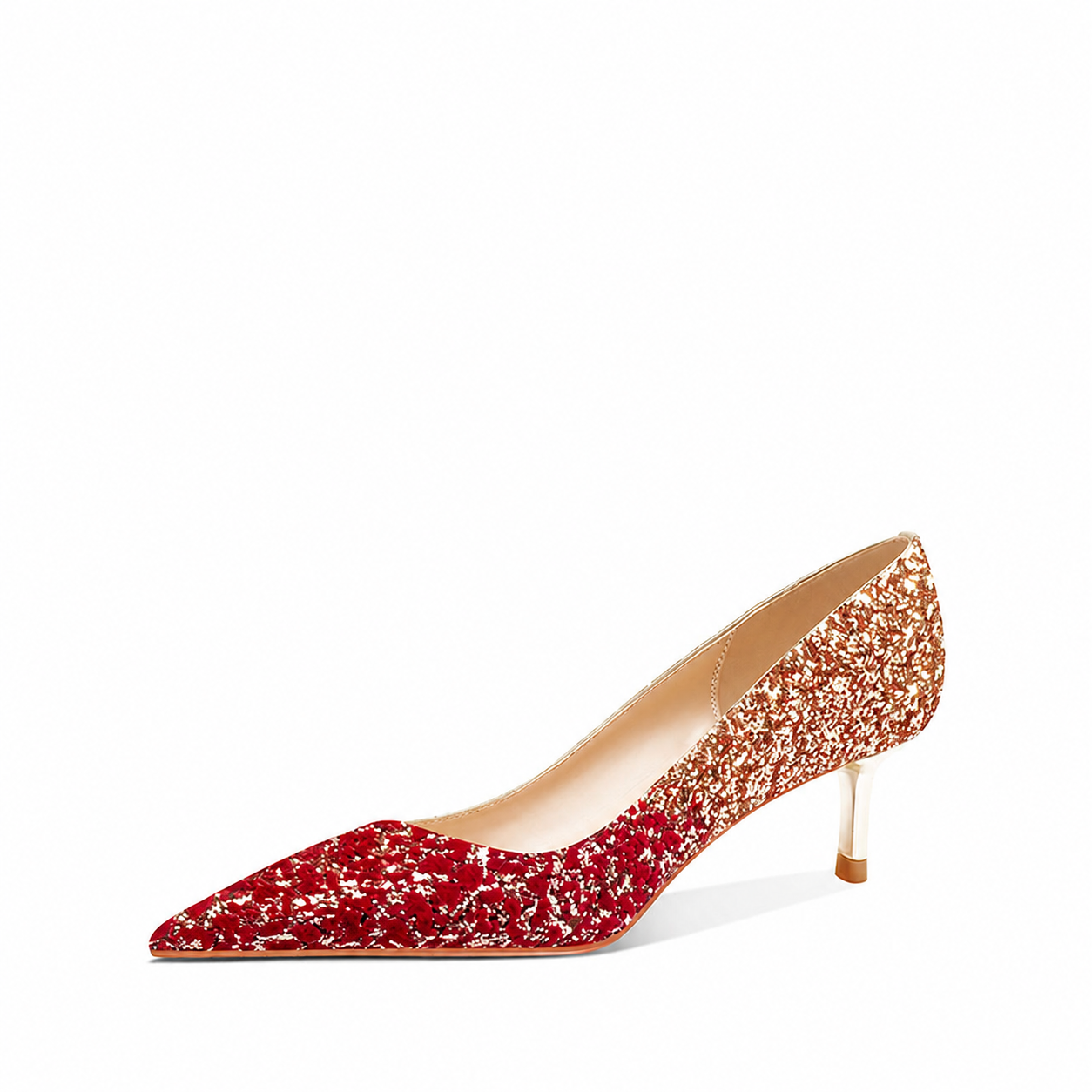 Chinese Wedding Heels | Red Gold Glitter Gradient Pointed Toe Stiletto Pumps - Red (4.5cm) / 38