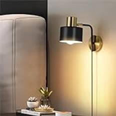 QJUZO LED-vägglampa, retro/vintage, justerbar industriell metallvägglampa med kontakt och på/av-brytare, läslampa, E27, väggbelysning, armatur för sovrum, vardagsrum, hall, hotell, svart, guld