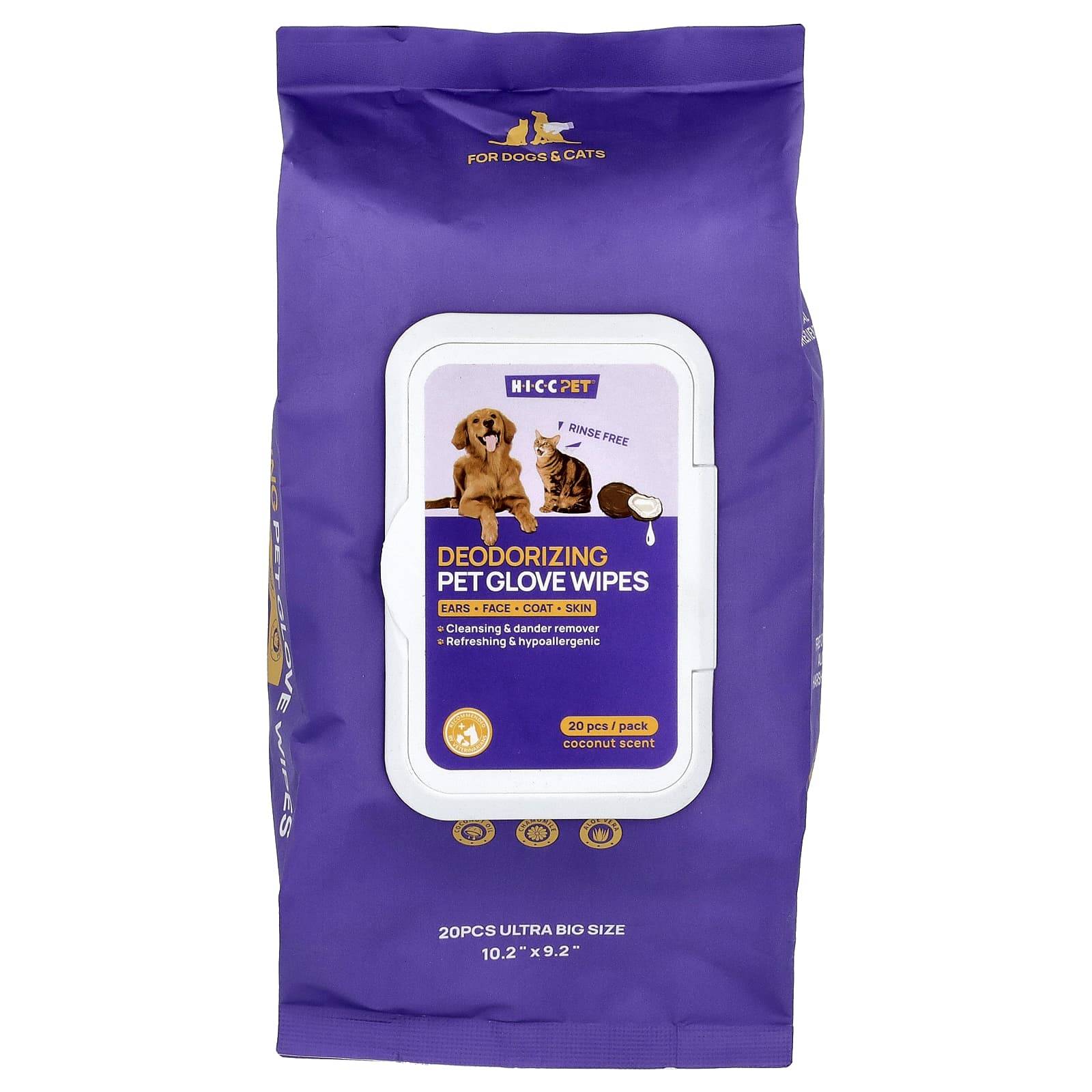HICC Pet, Pet Deodorizing Gloves, for Dogs and Cats, Coconut, 20-Count