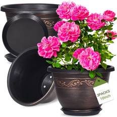 TEMU Planters For Outdoor Plants, Indoor Plant Pots With Drainage, Retro Antique Decorative Garden Containers Sets, Plastic Flower Pots, Includes Unique Drainage Holes And Dish Trays