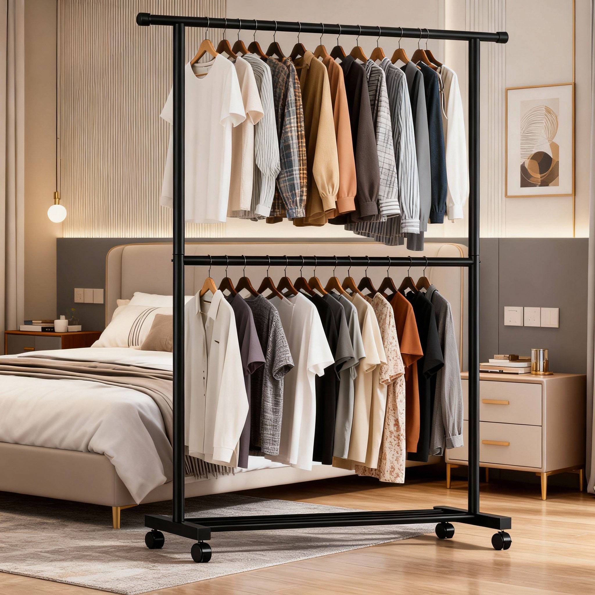 Mobile standing two-tier clothes rack, black metal, wardrobe/closet with wheels, loft style, 100cm / 120cm
